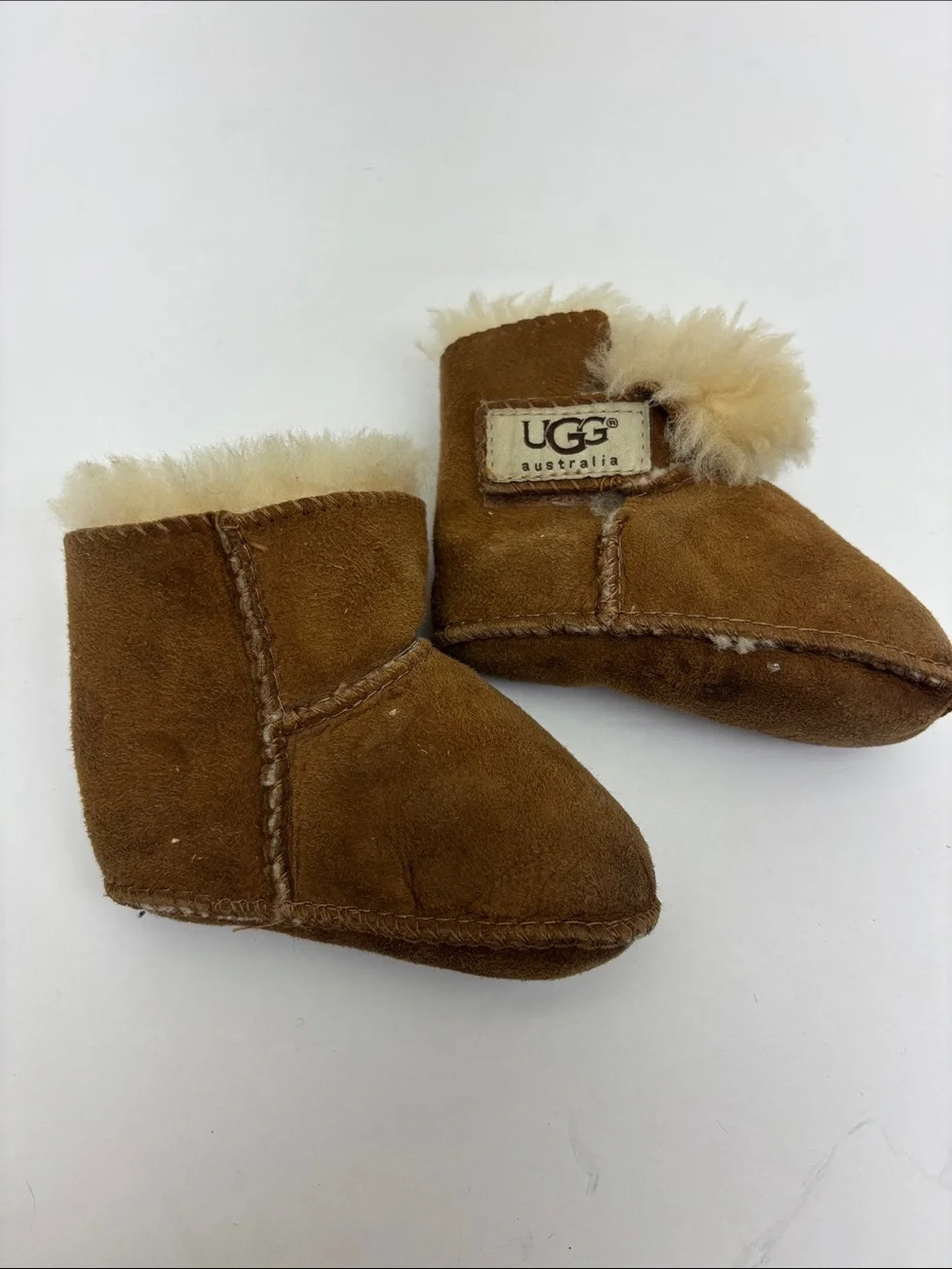 UGG Baby Suede Booties in Chestnut with Shearling Trim, SZ S, box 73